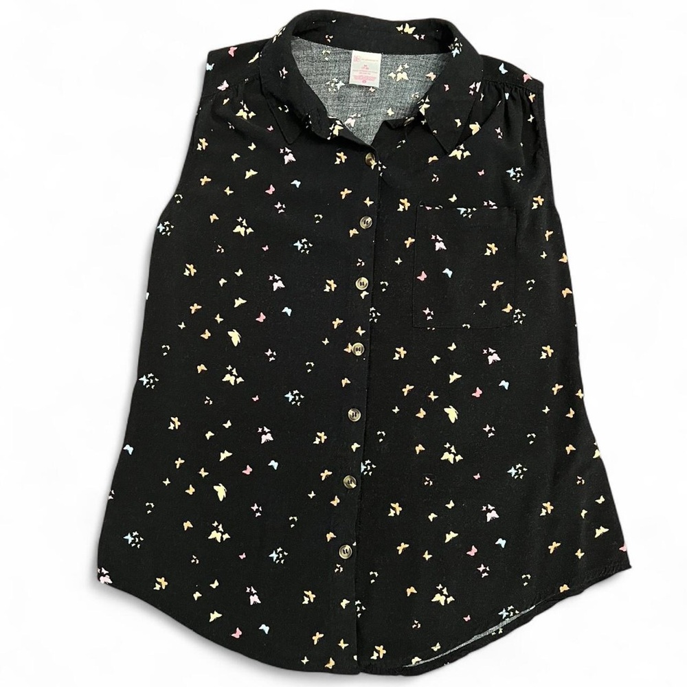 Black Sleeveless Blouse with Colorful Butterfly Print